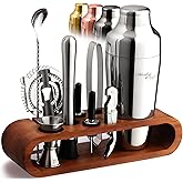 Mixology & Craft Cocktail Shaker Set with Dark Bamboo Stand - Professional 10-Piece Bartender Kit - Complete Bar Set & Cocktail Mixer Kit for Home (Silver)