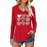 Boikukx Valentine V Neck Shirt for Women Cute Love Heart Long Sleeve Casual Tee Tops