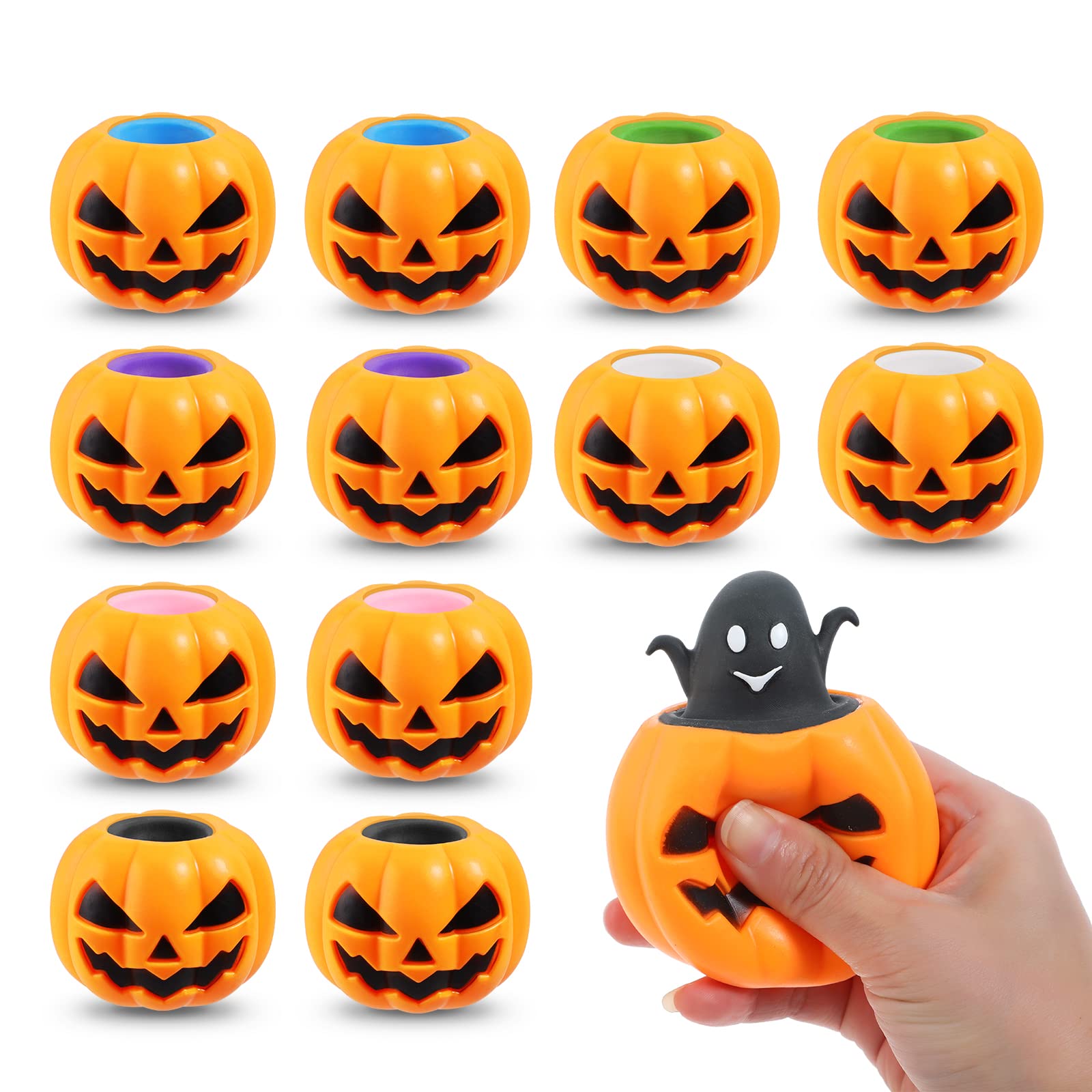 Halloween Squishy Pumpkin Toys, 12PCS 6 Colours Stress Relief Ghost Toy for Trick or Treaters Party Favours by BILLMOSS