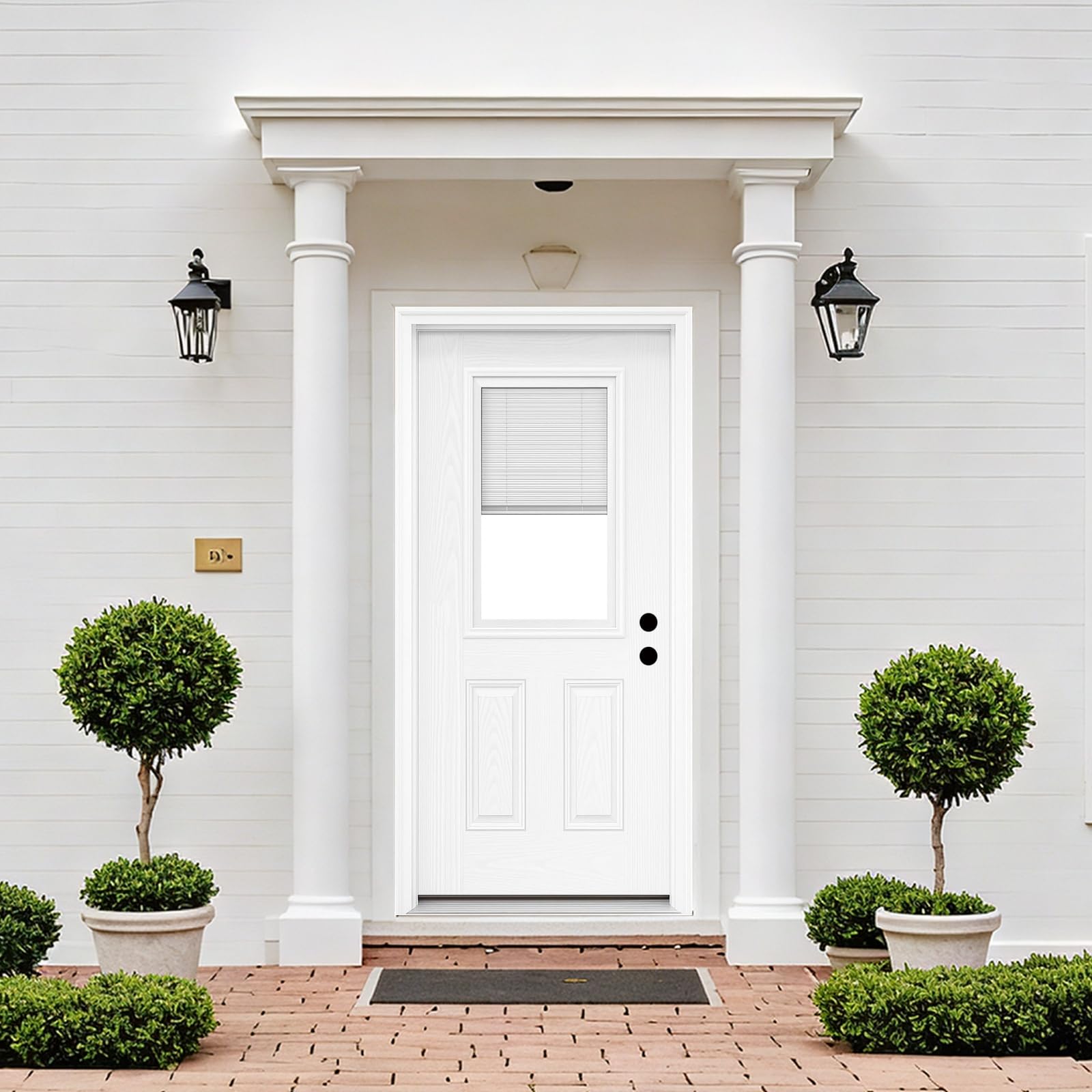 Photo 1 of **THE DESCRIPTION AND PHOTO ARE FOR REFERENCE ONLY**36 x 80-inch Fiberglass Front Door, Left Opening, 4-9/16-inch jamb, Primed Oak Grain Design with Privacy Blind Glass with Brick molding (White-1-Left, 4-9/16")