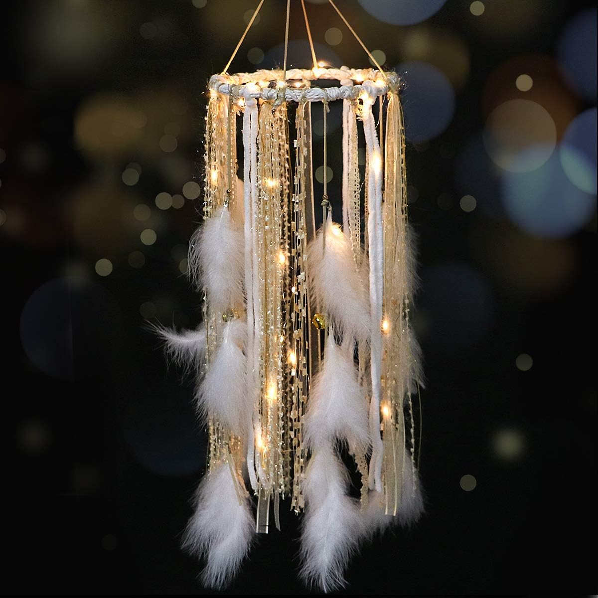 Dream Catcher Mobile Large Light Up Dream Catchers with Golden Shining Lace& Bells LED Fairy Lights Battery Powered Hanging Ornaments- 7.9Wx 22L Inches Feathers Wedding Boho Decorations Nursery Decor