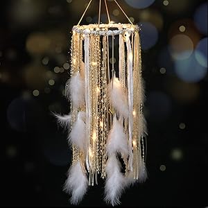 Dream Catcher Mobile Large Light Up Dream Catchers with Golden Shining Lace& Bells LED Fairy Lights Battery Powered Hanging Ornaments- 7.9Wx 22L Inches Feathers Wedding Boho Decorations Nursery Decor