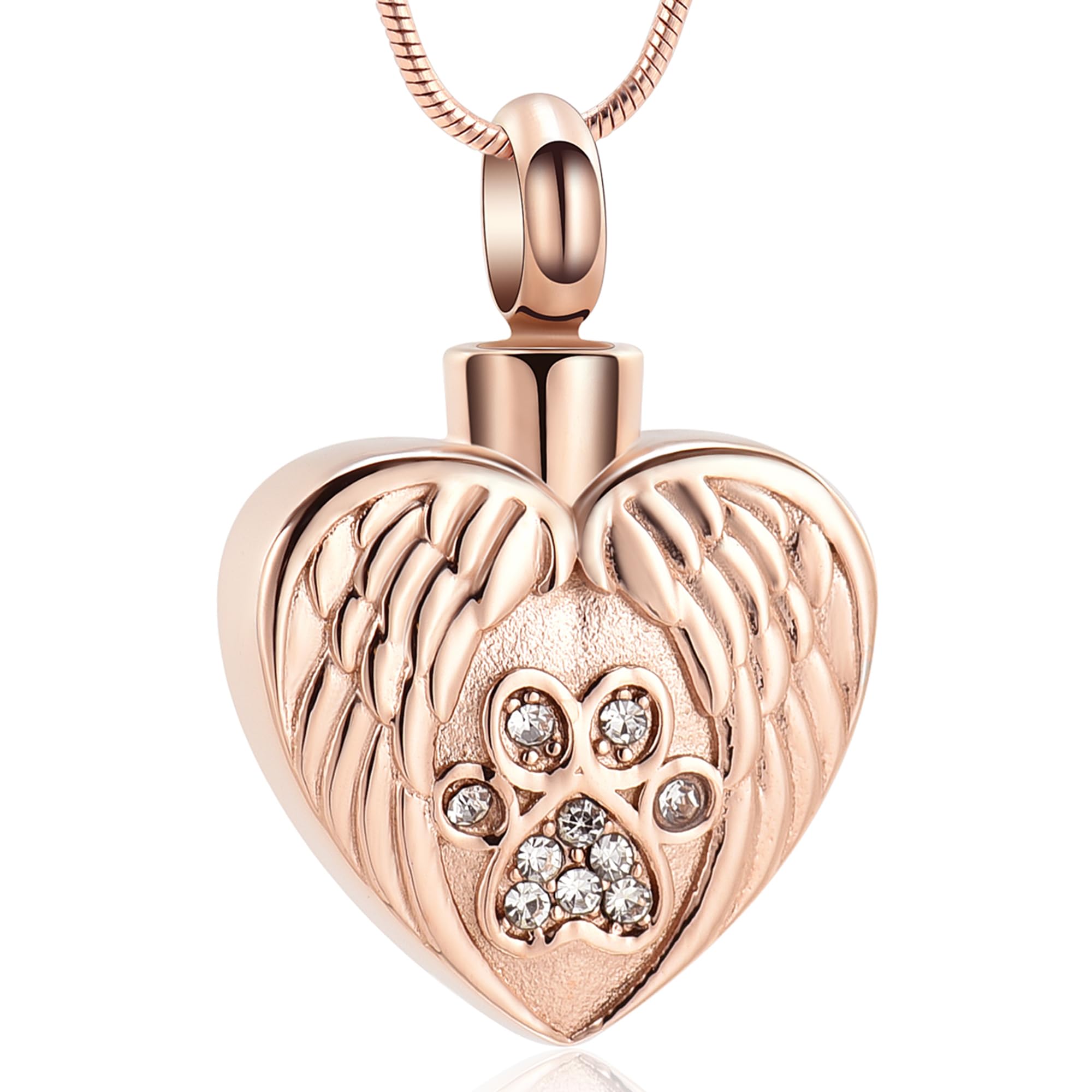 VCCWYQK Cremation Jewelry Urn Necklace for Ashes for Pet Dog Paw Print Angel Wing Heart Urn Locket Pendant for Dog/Cat (Rose Gold)