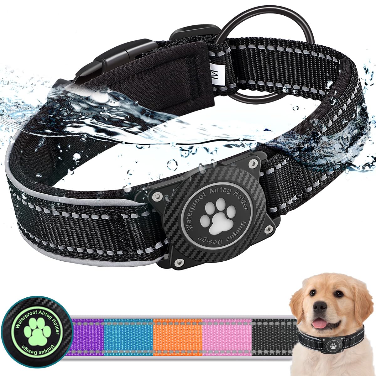 Ytanest Waterproof Airtag Dog Collar, Dog Collar with Apple Air Tag Holder, Reflective Dog Tracker Collar for Small Medium Large Dogs, Black, XL — image 1