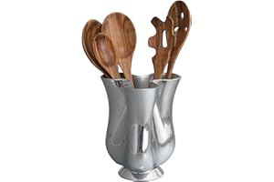 NAMBE Nambé Tulip Tool Jug w/ Tools – Sculptural Alloy & Acacia Wood Kitchen Utensil Set, 6.75” x 8”, 5-Piece Modern Cooking Utensils for Countertop Storage & Display, Durable & Functional Style
