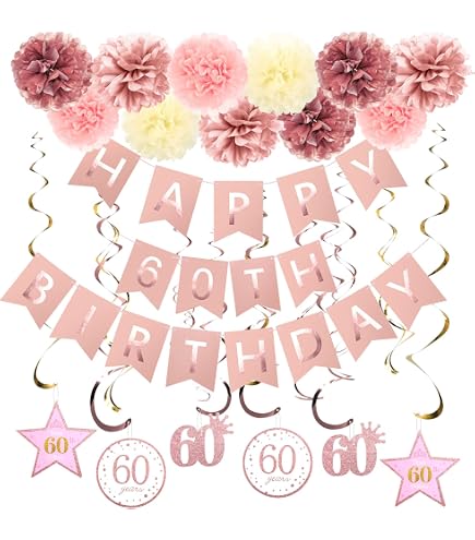 Rose Gold 60th Birthday Banner - Glitter Fabulous 60 Years Old Party Decorations