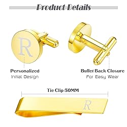 LOYALLOOK Gold Initial Cufflinks and Tie Clip Set