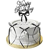 Matwsec 6 Pcs Black Bows for Cake and 1 Pc Black Happy Birthday Cake Topper, Ribbons Cake Decorations Bow Cake Topper for Coquette Birthday Party Decorations Baby Shower Party Wedding