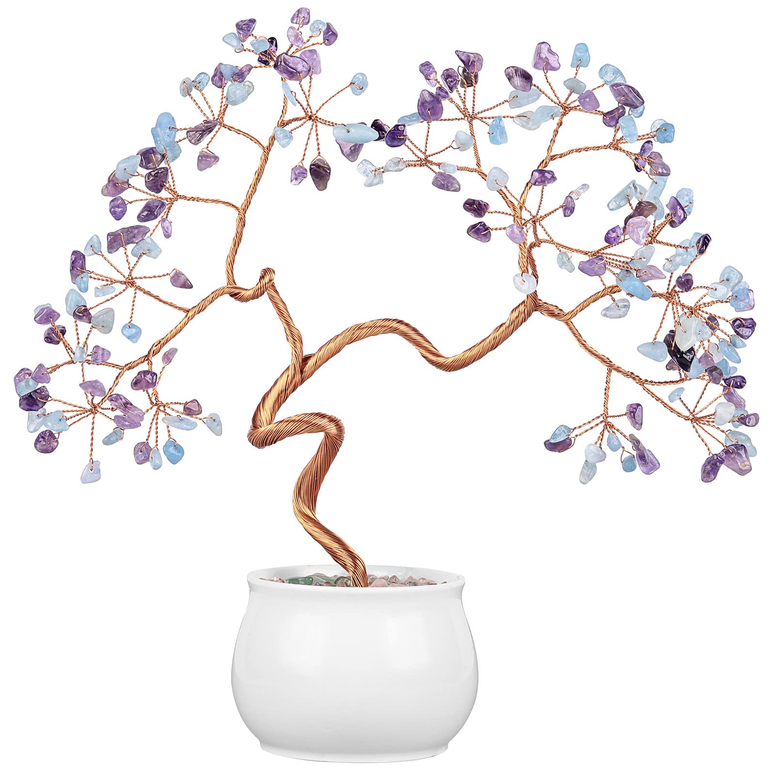 Nupuyai Amethyst & Aquamarine Crystal Money Tree with Ceramic Base, Good Luck Healing Stone Feng Shui Bonsai Gem Tree Spiritual Ornament for Home Office Decor, 20-24cm