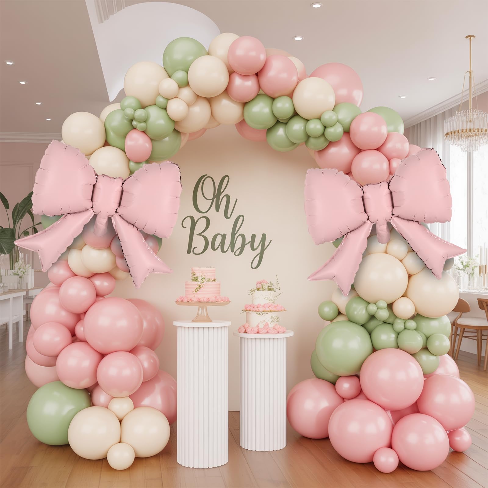 Sage Green Pink Balloon Arch, Pastel Pink Dusty Green Ivory Balloon Garland with Bow Foil Balloons for Girls Wildflower Tea Party Birthday Bridal Baby Shower Wedding Spring Floral Flower Decorations
