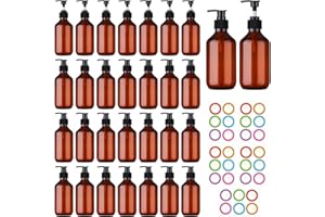MCUPPER 30 Pack Amber Plastic Bottles with Pump Dispenser, 8 oz Plastic Pump Bottle Dispenser, Shampoo Bottles Refillable with Pump, Soap Dispenser, Refillable Containers for Lotion, Essential Oil