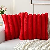 FUTEI Red Decorative Throw Pillow Covers 18x18 Inch Set of 2, Square Soft Faux Rabbit Fur Thick Striped Cushion Cover,Winter Home Decor for Couch Bed Living Room