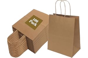 100 Pack 8x4.75x10 Inch Medium Brown Paper Bags with Handles Bulk, Joybe Kraft Paper Gift Bags for Birthday Party Favors Grocery Retail Shopping Business Goody Craft Blank Sacks (Plain Natural 100pcs)