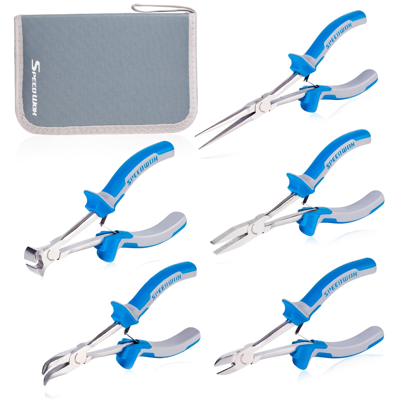 SPEEDWOX 5Pcs Mini Long Reach Pliers Set with Case Include Flat Nose Pliers End Cutting Pliers Bent Nose Pliers Diagonal Pliers Needle Nose Pliers for Making Crafts, Repairing