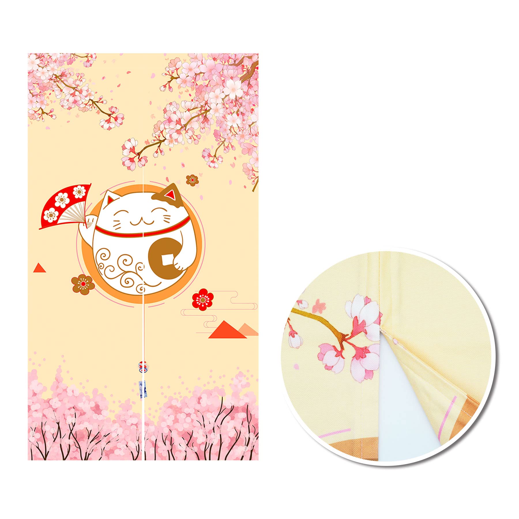 LIGICKY Japanese Style Noren Long Thickened Doorway Curtain Fortune Cat & Cherry Blossom Hanging Door Tapestry for Home Decoration, 85 x 150 cm (Double Sided Printting