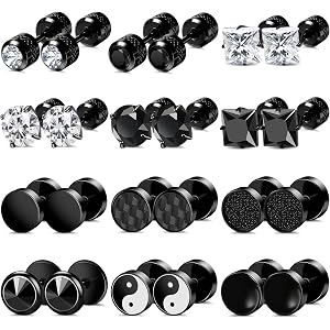 ONESING 12 Pairs Black Stud Earrings for Men Stainless Steel Mens Earrings Stud Hypoallergenic Square Cubic Zirconia Black Ea