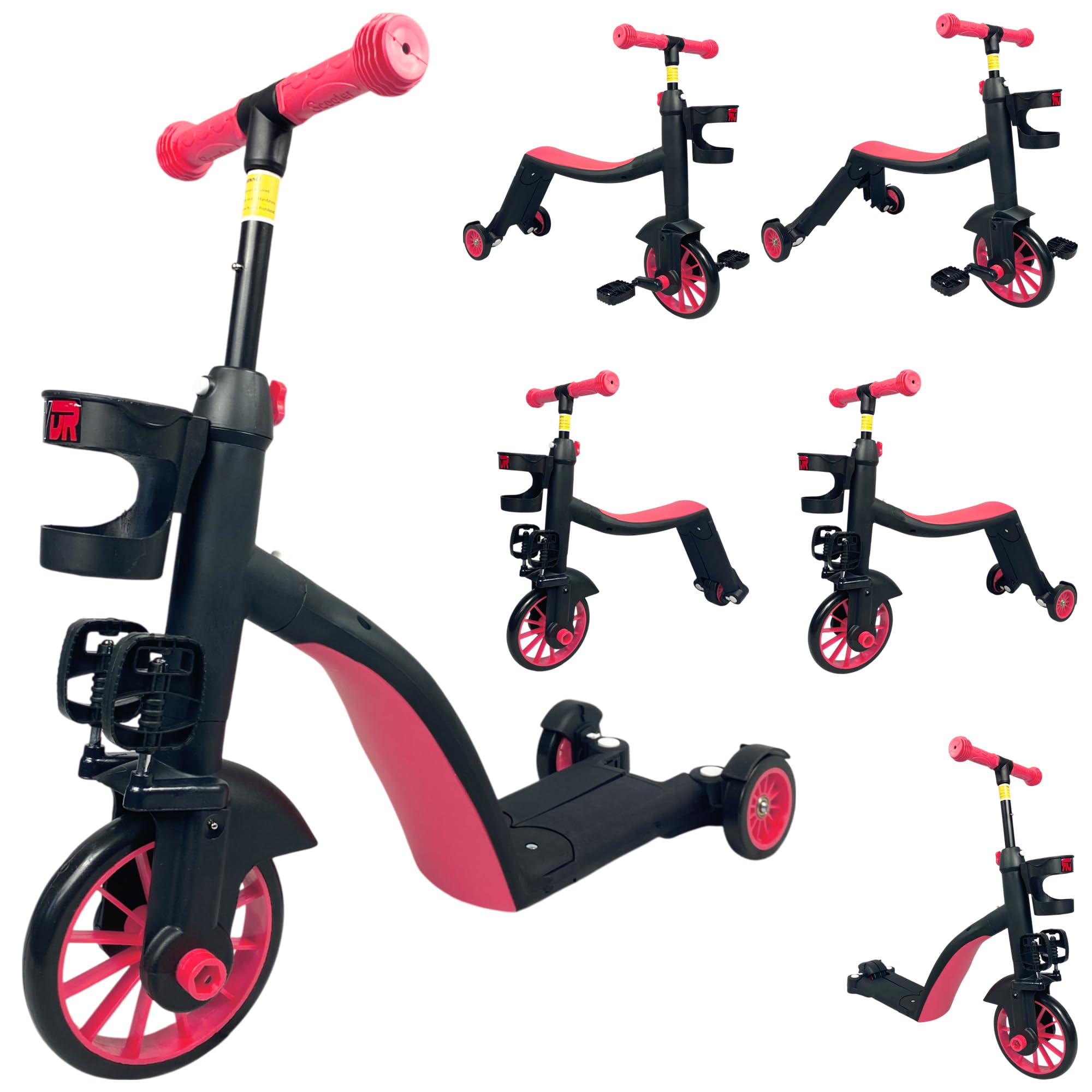 RYDR 3-in-1 Kids Scooter Tricycle Balance Bike – Adjustable Ride-On Toy for Ages 2–6, Converts to 2/3 Wheel Scooter, Trike, Pedal Bike, Adjustable Handle Height with Removable Pedals (Pink)