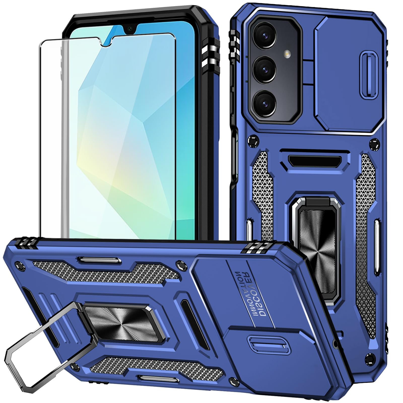 for Samsung A17/A16-5G Case: Galaxy A17 5G Screen Protector with Camera Cover, 360°Military Grade Rotatable Kickstand (Heavy Duty) Shockproof Protective Case for Samsung Galaxy A16 Navy Blue