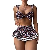BEAUDRM Women's 2 Piece Ruffle Bikini Sets Floral Tummy Control Skort Swimsuit Bathing Suit Beachwear