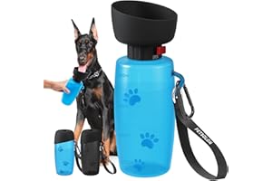 PETSOLON Dog Water Bottle, 28 oz Large Dog Water Dispenser with Bowl, Portable Pet Water Dispenser for Boy & Girl Dog, Travel Dog Water Bottle, Flippable Cup, Food Grade Material, Leak Proof, Blue
