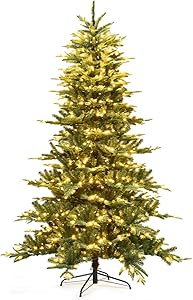 Goplus 7.5 ft Pre-lit Artificial Christmas Tree, Hinged Aspen Fir Christmas Tree w/LED Lights and Metal Stand, Perfect Xmas Tree for Holiday Décor