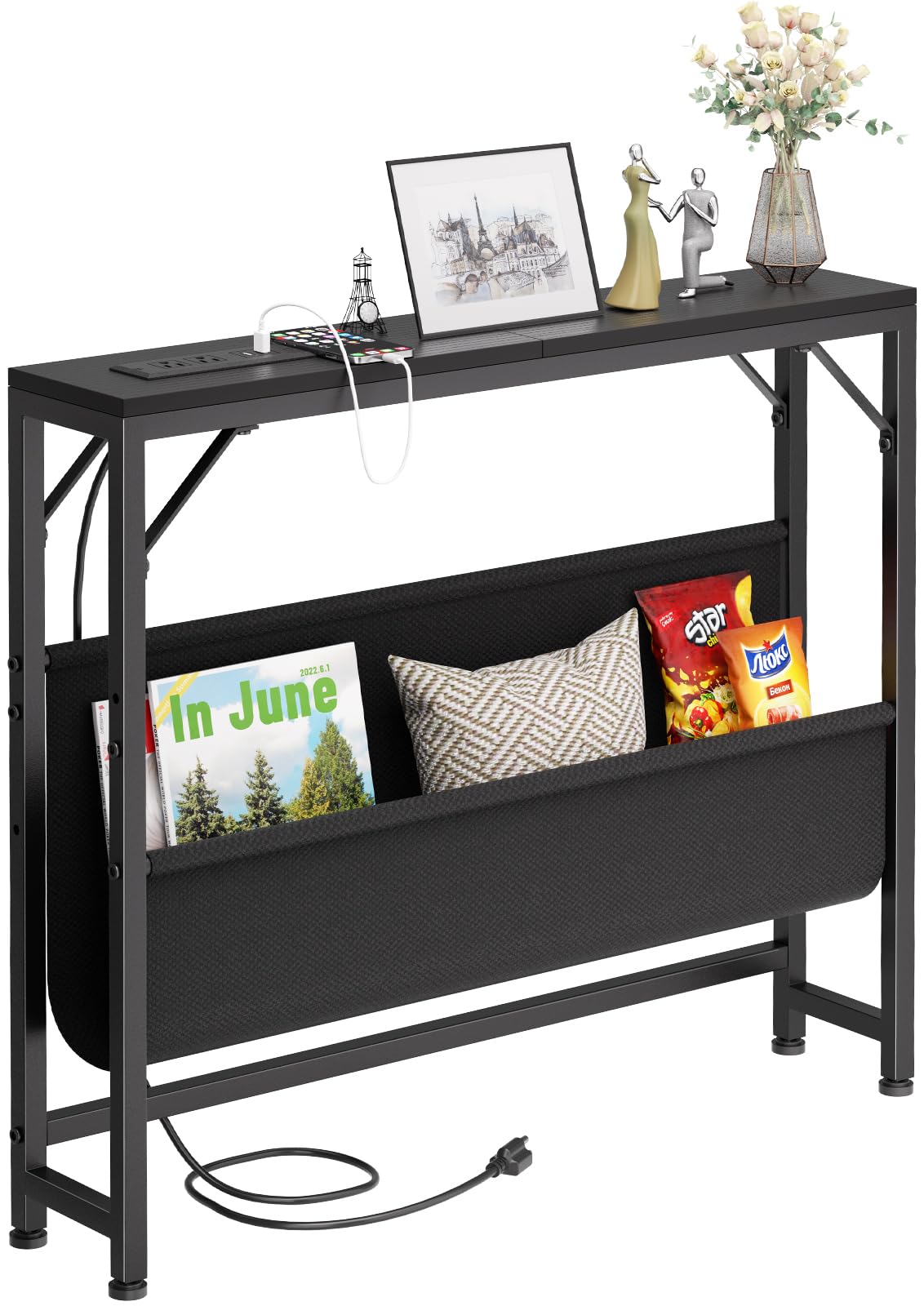 Photo 1 of Asgolion 31.5'' Small Console Table with Charging Station and Storage, Entryway Table Narrow with Power Outlets and USB Ports, Skinny Sofa Table, for Living Room, Foyer, Entryway, Hallway, Black