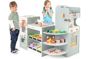 HONEY JOY Kids Grocery Store Playset, Wooden Play Store w/Coffee Maker & Vending Machine, Toddler Supermarket Checkout Stand w/Cash Register, Display Shelves, Play Food, Grocery Store Pretend Play