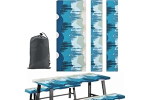 3Pcs Picnic Table Cover Fitted with Bench Covers, RV Camping Essentials Waterproof Camping Tablecloth w Elastic, Reusable Out
