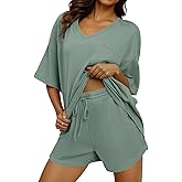 Dokotoo Women's 2 Piece Loungewear Sets Casual Short Sleeve Womens Tops Drawstring Shorts Pants Waffle Knit Sets