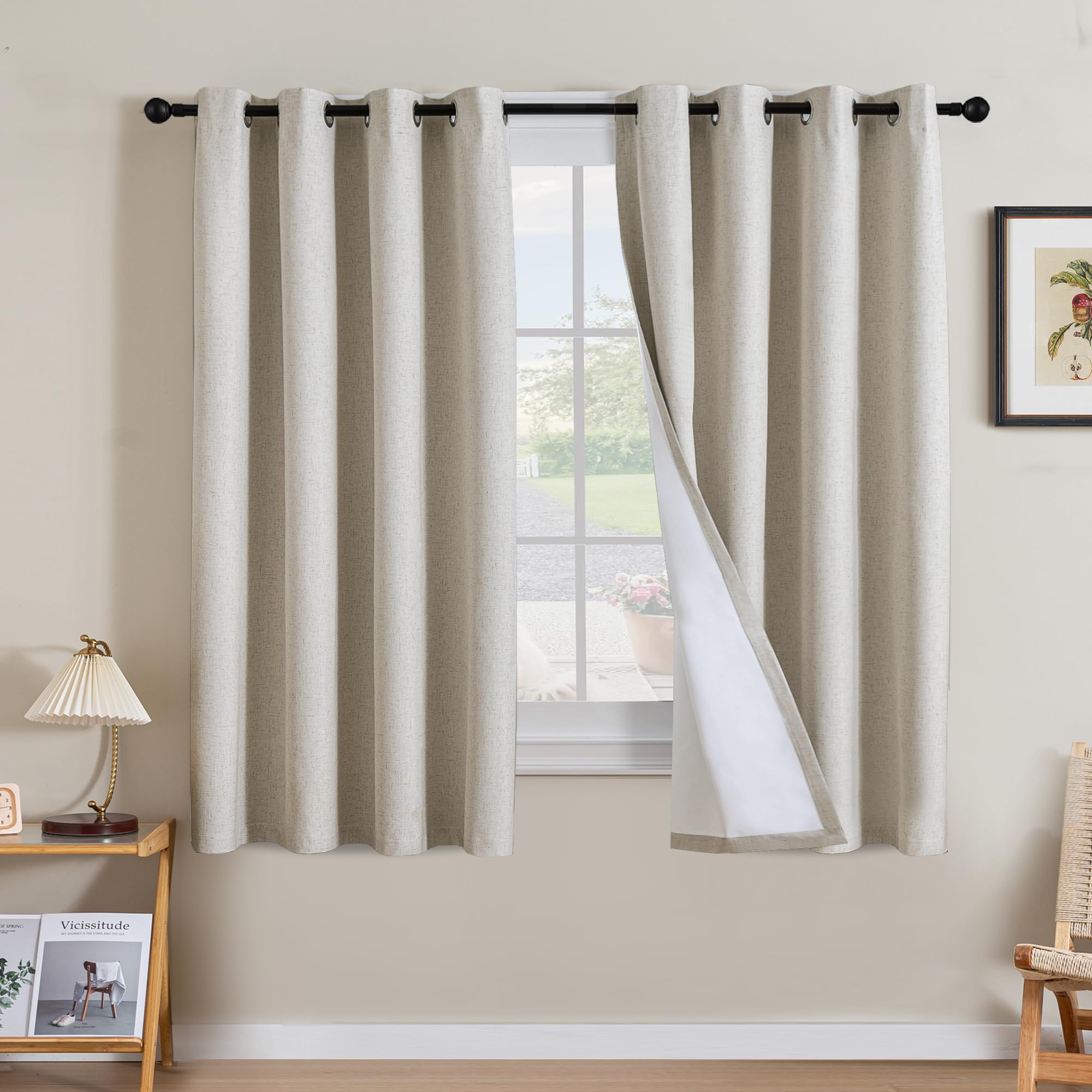 Photo 1 of H.VERSAILTEX Linen Curtains 100% Blackout Curtains for Bedroom 63 inch Long Full Light Blocking Nature Linen Blended Window Curtains for Living Room Nickel Grommet (2 Panels, Heathered Linen)
