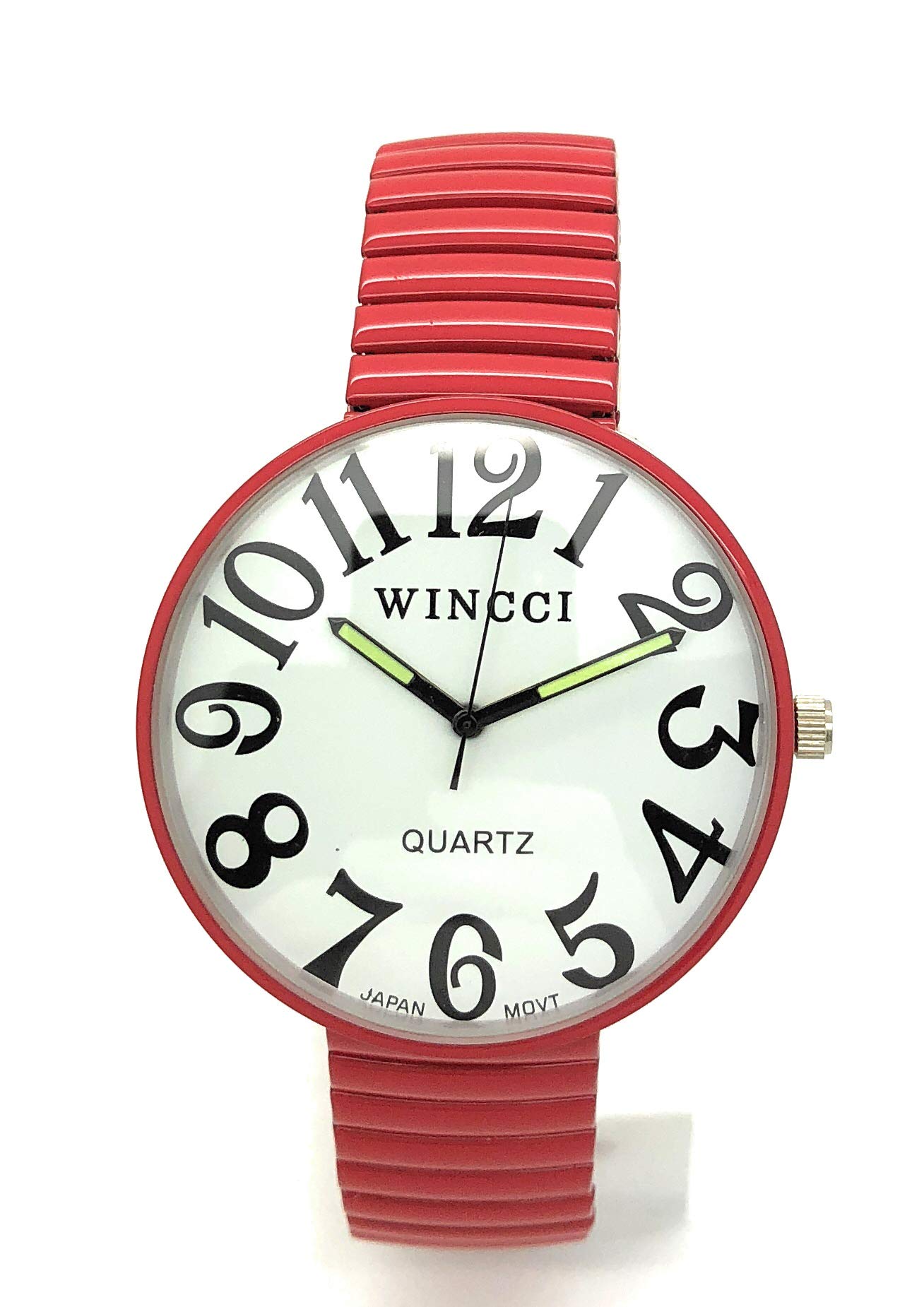 Wincci Mens Ladies Jumbo Big Numbers Stretch Elastic Band Analog Quartz Fashion Watch, Red, Modern