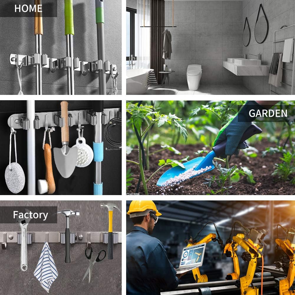 Broom Mop Holder Wall Mount Garage Organization Wall Organizer Storage Broom Closet Kitchen Organization Heavy Duty Garage Tools Hanger with 3 Racks 4 Hooks for Home, Kitchen, Garden, Laundry Room (stainless steel, grey ): Home Improvement