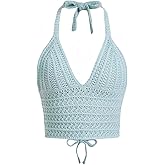 Women Sexy Hollow Out Crochet Crop Halter Tops Y2K Knitted V Neck Sleeveless Backless Lace Up Crop Cami Tank Beachwear