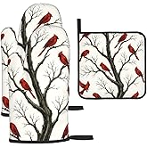 Christmas Pot Holders and Oven Mitts Set of 3,Winter Red Cardinal Kitchen Gloves Hot Pads for Oven Baking Cooking BBQ Grilling,Cardinals Kitchen Decor & Christmas Cardinal Gifts for Women