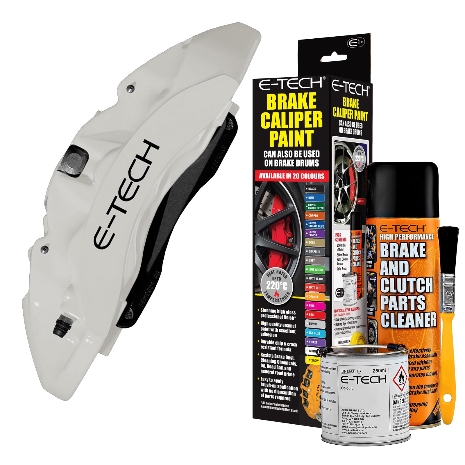 E-TECH White Brake Caliper/Drum Paint - EBCP-W - Complete Kit Inc Paint/Cleaner & Brush