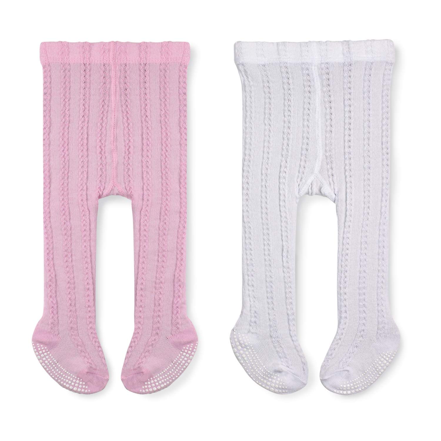 LA Active Baby Tights - 2 Pairs - Non Skid/Slip Cable Knit (White & Pink, 0-3 Months): Baby