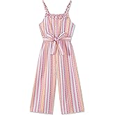 Crazyme Girls Jumpsuit Striped Sleeveless Girl Casual Rompers Suspender Wide Leg Pants with Belt Jumpsuit for Girls 4-13Y