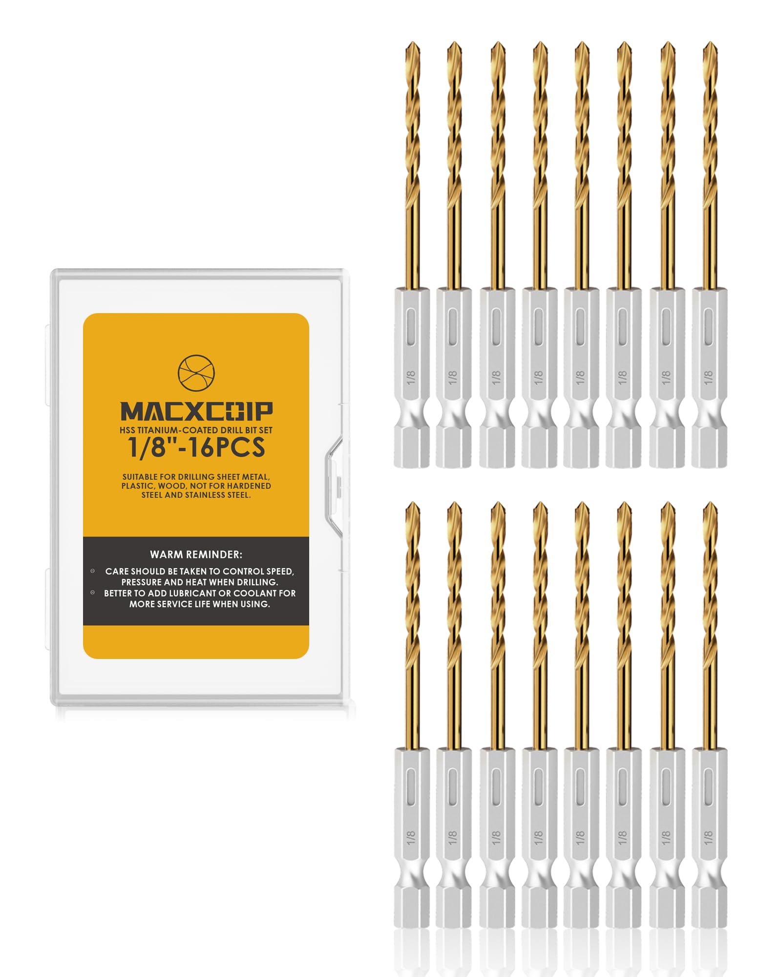 Photo 1 of MACXCOIP Hex Shank Drill Bit Set, 16Pcs 1/8" HSS Titanium Twist Drill Bit for Sheet Metal, Wood, Plastic, Quick Change Design