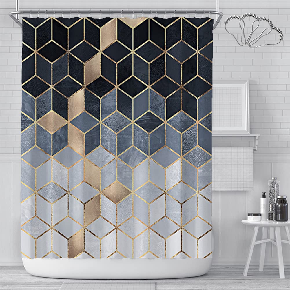 DeKeLaiFu Marble Shower Curtain Fabric with Steel Hooks, Grid Geometric Shower Curtain Blue Black and White Ombre Bathroom Shower Curtains Mould Proof Resistant, Weighted Waterproof, 180x180 cm