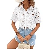 SOLY HUX Women's Floral Lace Cropped Blouses Hollow Out Crop Tops Blouse Short Sleeve Button Down Shirts