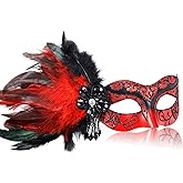 MYSEUNI 2025 New Red Masquerade Venetian Mask for Women - Womens Mascarade Mask with Feathers for Masquerade Party, Halloween Ball, Cosplay Prom, Christmas, Birthday, Wedding