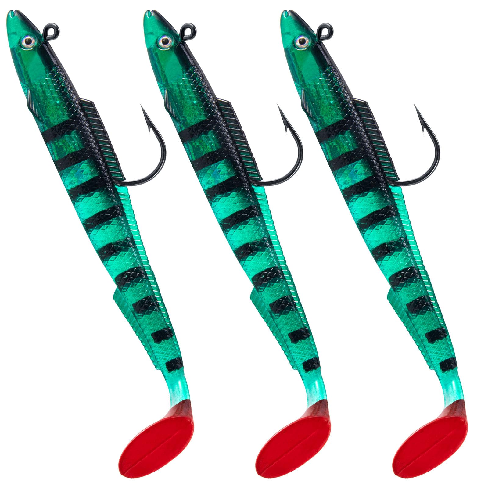 Alwonder 3pcs Sandeel Fishing Lures 15cm/30g Jig Head Soft Lure with Paddle-Tail Swimbait Pre-Rigged Fishing Lure Tackle for Predators Bass Pike Trout Perch Onyx Green
