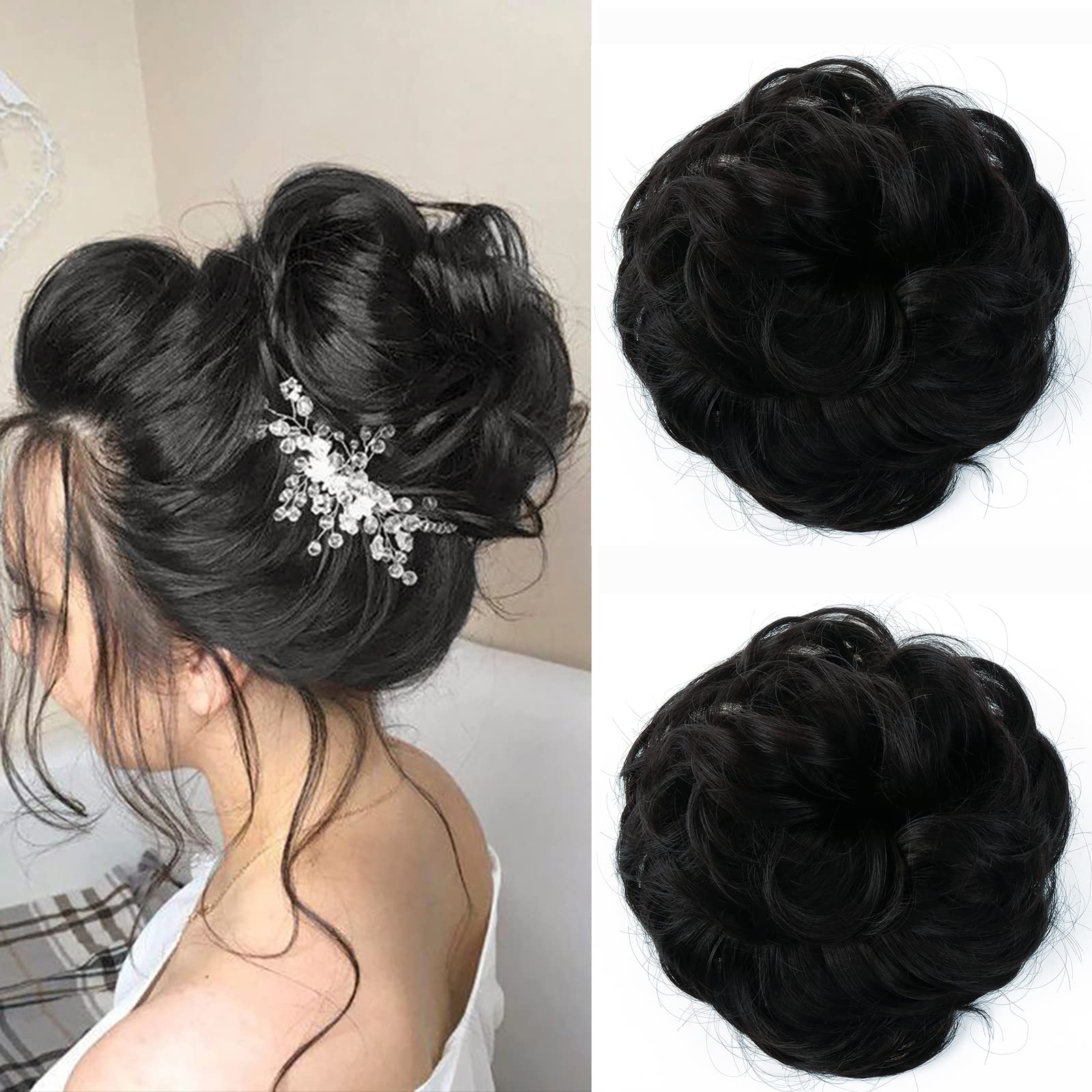 JJstar 2PCS Messy Bun Hair Piece Curly Fake Hair Buns Donut Tousled Updo High Heat Resistant Synthetic Fiber Hair Scrunchies Pieces for Women Girls Ponytail Extension(Off Black)