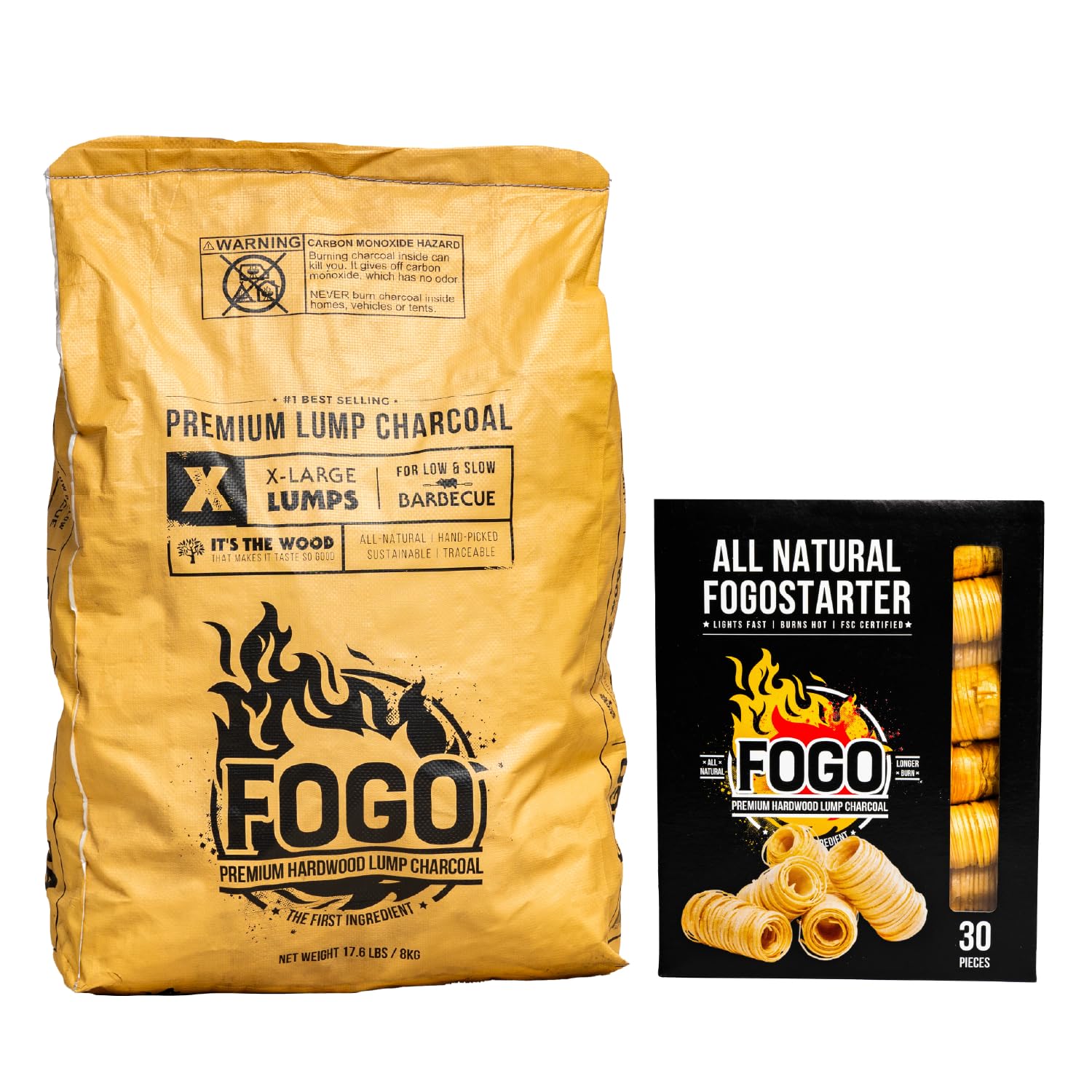 FOGO Super Premium Hardwood Lump Charcoal, Natural Large Sized Lump Charcoal, 17.6 Pound Bag and FOGO Fogostarters Natural Fire Starters, 30 Count Box, Bundle Image