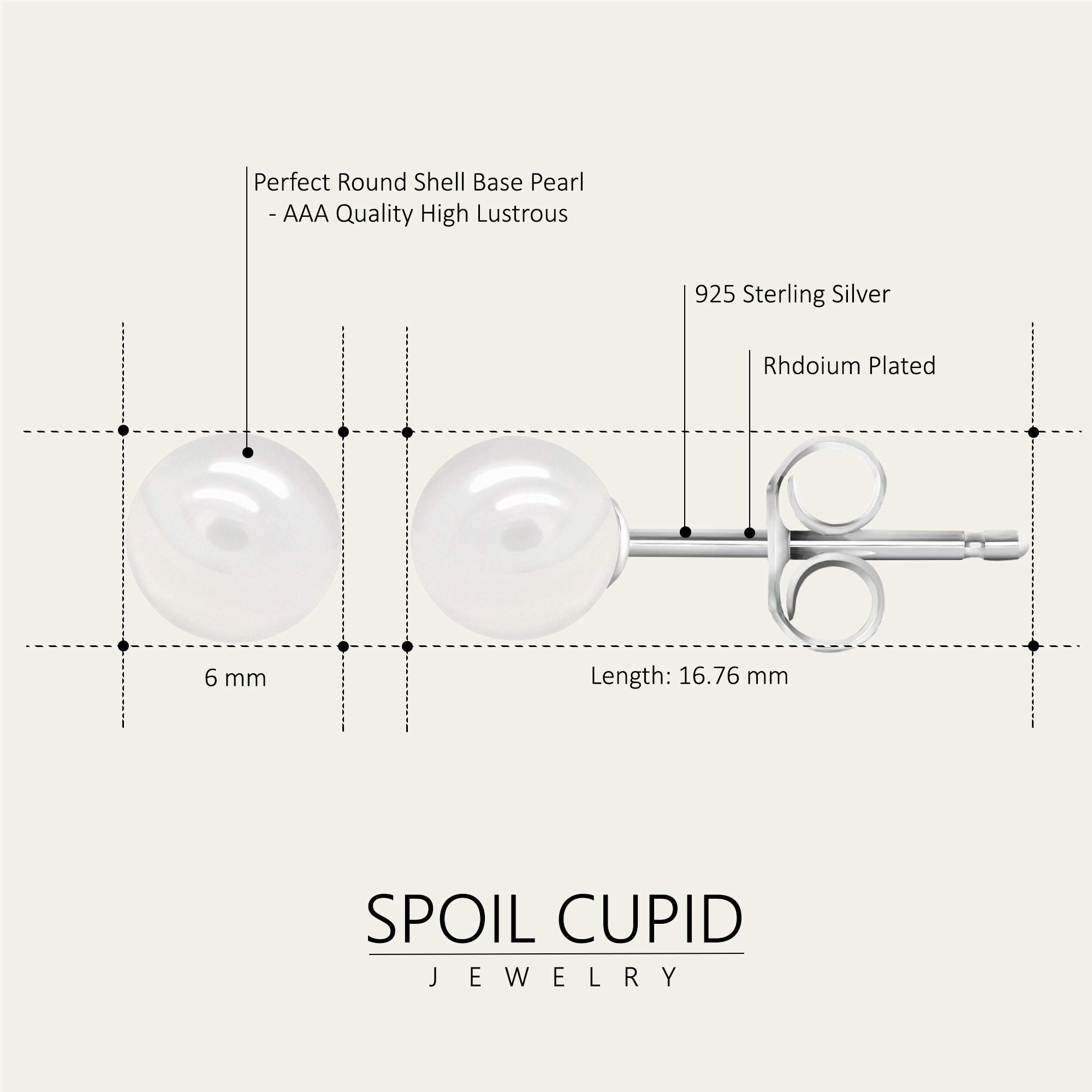 White Smooth Round Shell Base Imitation Pearl Rhodium Plated 925 Sterling Silver Stud Earrings, 6mm