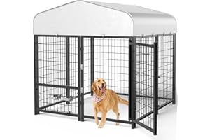 SINO LUBAN Outdoor Dog Kennel Outside with Removable Small Door&Bowls - 5.1x4.7x5FT Large Dog Kennels with Roof for Medium/Small Dogs Heavy Duty Run Cage Enclosure Yard (Can Connect Your Doghouse)