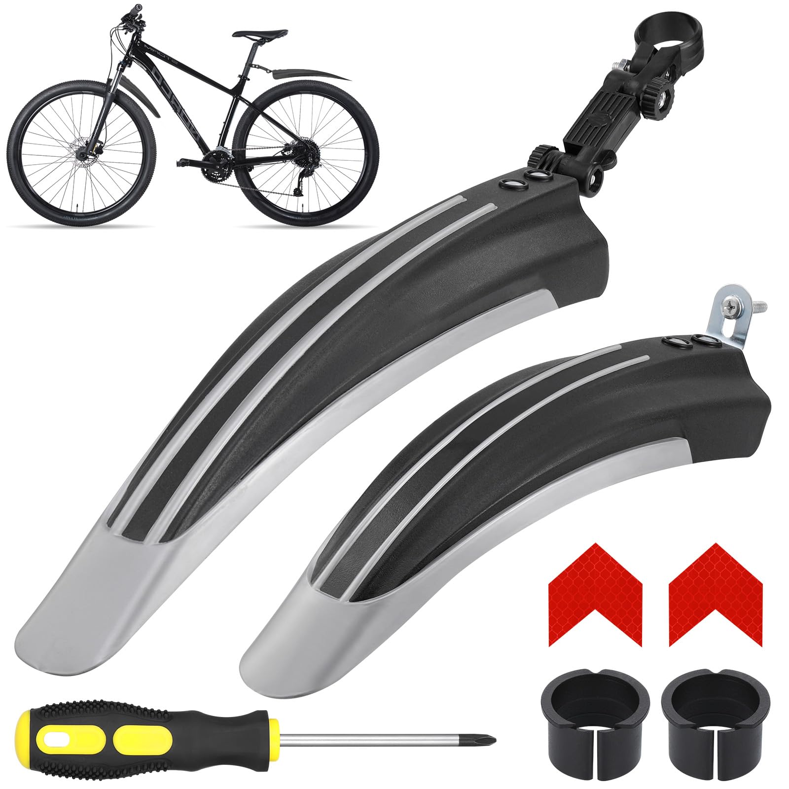 Hejo Bike Mudguards Set, Universal Mudguards for 24-29 inch Bikes, Adjustable Bicycle Front and Rear Mud Guard with 2 Red Arrow Reflective Stickers for most of Popular Bicycles (Black ＆ Grey)