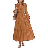 MEROKEETY Winter Spring Midi Dresses for Women 2026 Casual Vacation Long Sleeve V Neck Tiered Cotton Maxi Dress Pockets