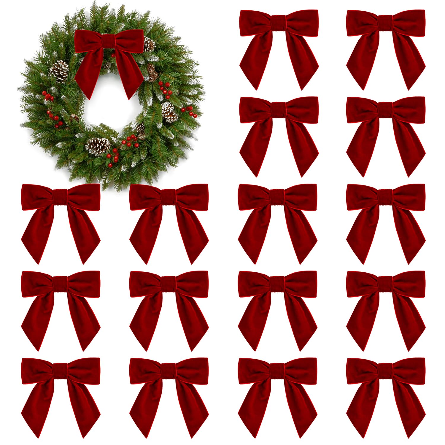 Photo 1 of 16Pcs Christmas Velvet Bows, 4.3" Vintage Velvet Ribbon Bows for Christmas Tree Garland Wreath Gift Wrapping DIY Crafts Wedding Decor (Red)