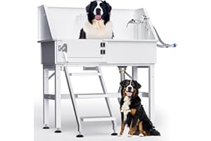 DYTREND White Dog Washing Station for Home, Professional 38" Stainless Steel Dog Bathing Station, Height Adjustable Dog Grooming Tub w/Stair, Storage Drawer, Upgrade Parts(Left Stair)